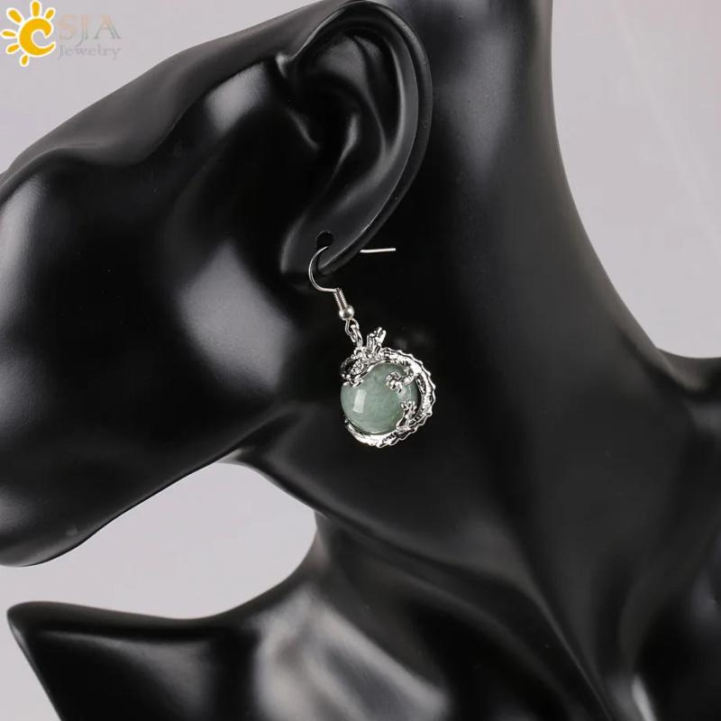 CSJA Dragon Shape Clear Crystal Drop Earring Reiki Gem Stone Pendant
