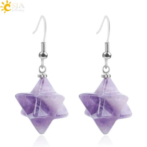 CSJA Gem Stone Merkabah Star Drop Earrings Opal Pink Crystal Lazuli Reiki F021