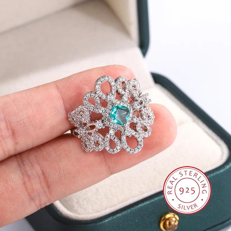 Retro Hollow Green Zircon 925 Silver Women's Ring Party Jewelry