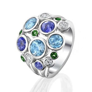 Hollow Out Stainless Steel Ring Blue/green CZ Stone