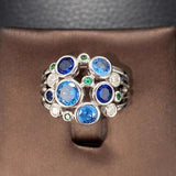 Hollow Out Stainless Steel Ring Blue/green CZ Stone