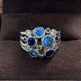 Hollow Out Stainless Steel Ring Blue/green CZ Stone