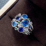 Hollow Out Stainless Steel Ring Blue/green CZ Stone