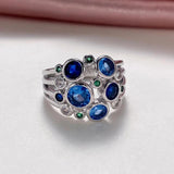 Hollow Out Stainless Steel Ring Blue/green CZ Stone