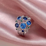 Hollow Out Stainless Steel Ring Blue/green CZ Stone