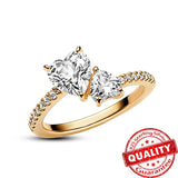 14K Double Heart Sparkling Diamond Ring Princess Crown Rings