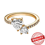 14K Double Heart Sparkling Diamond Ring Princess Crown Rings