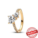 14K Double Heart Sparkling Diamond Ring Princess Crown Rings