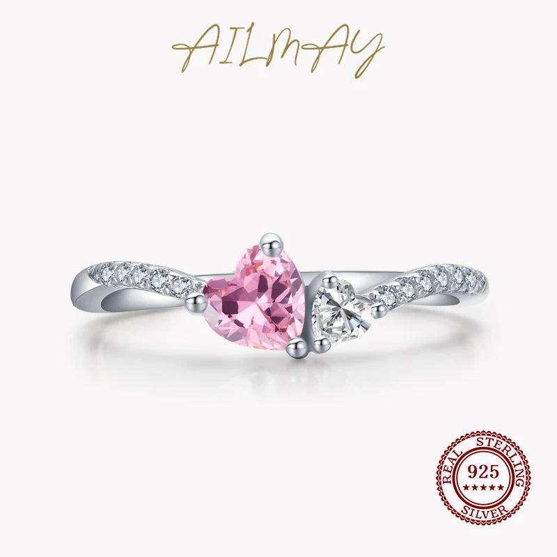 925 Sterling Silver Pink Heart Crystal Stackable Rings For Women