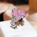 Pink Zircon Flower Ring 925 Silver Engagement Party Jewelry