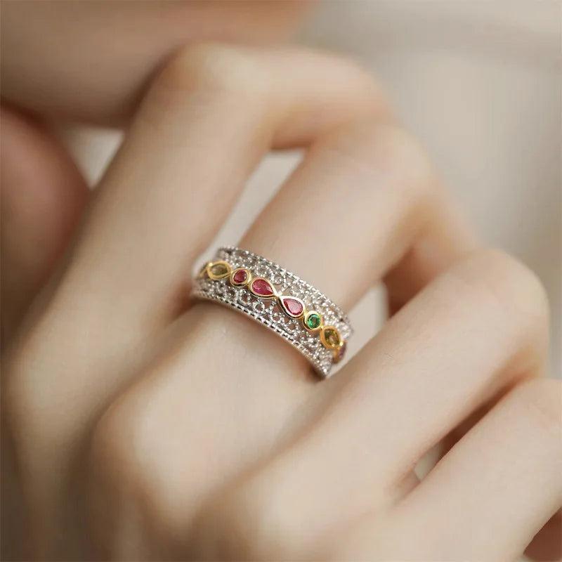 925 Silver Pink Zircon Lace Retro Ring for Women