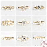 925 Silver Round Zircon Crystal Ring Women Cubic Zirconia Leaf Loop Ring