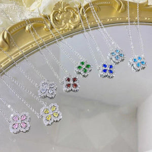 S925 Silver Clover Pendant Necklace Cubic Zirconia Choker Jewelry