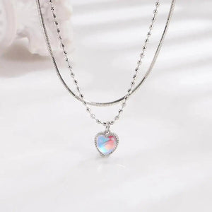 925 Silver Double Love Heart-shaped Moonstone Pendant Necklace Gemstone Chain