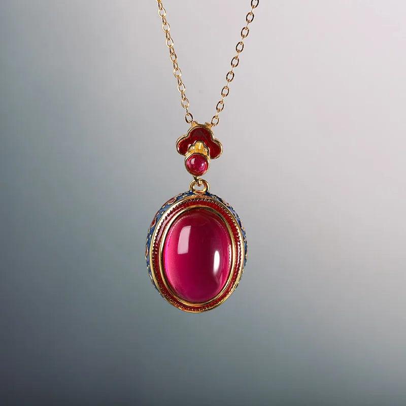 Vintage Enamel Clouds Pendant Natural Carnelian Oval Necklace