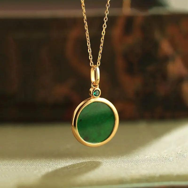 Green Chalcedony Circle Pendant Chinese Peace Necklace