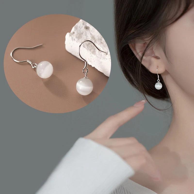 MloveAcc Cat Eye Opal S925 Sterling Silver 6mm Bead Drop Earrings