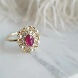 925 Silver Red Zircon Pearl Ring Flower Women s Wedding Jewelry