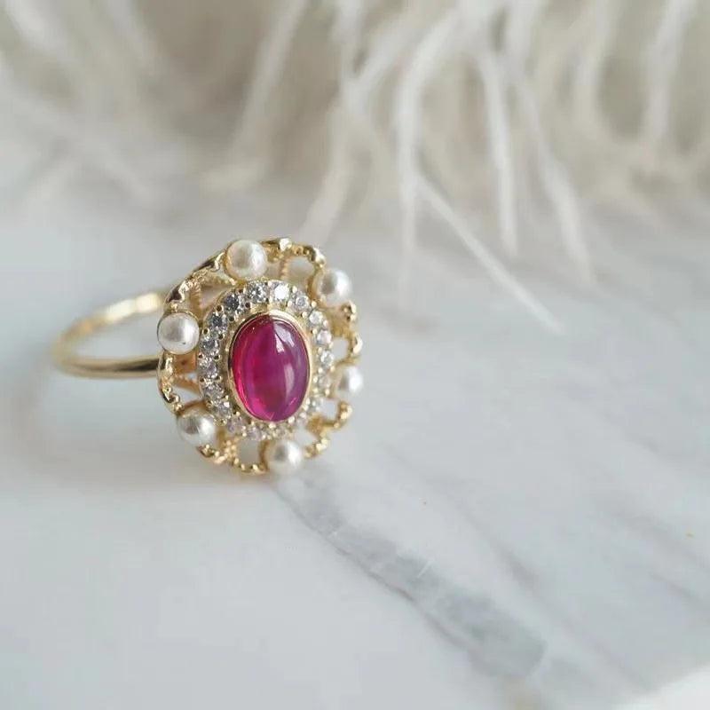925 Silver Red Zircon Pearl Ring Flower Women s Wedding Jewelry