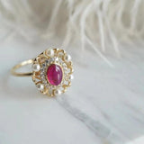 925 Silver Red Zircon Pearl Ring Flower Women s Wedding Jewelry