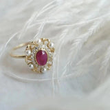 925 Silver Red Zircon Pearl Ring Flower Women s Wedding Jewelry