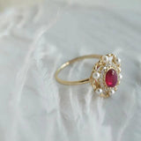 925 Silver Red Zircon Pearl Ring Flower Women s Wedding Jewelry