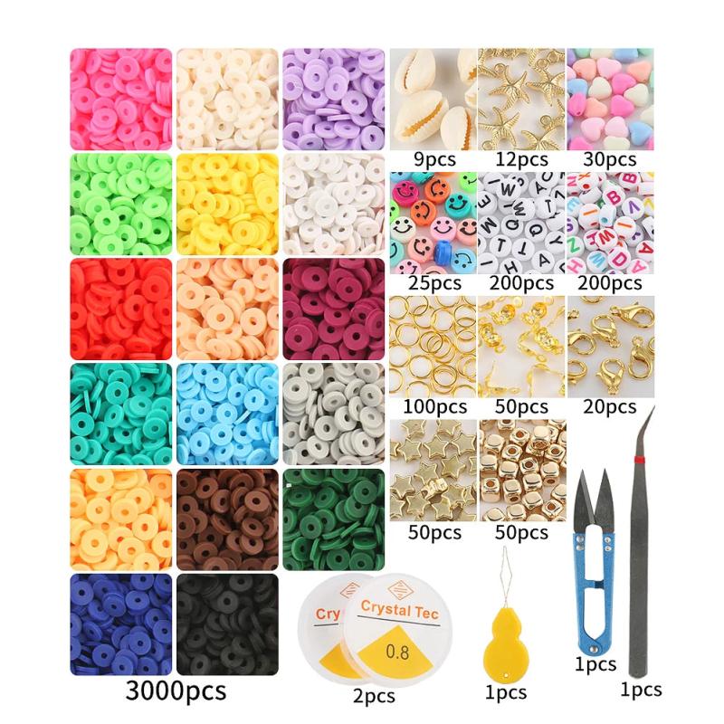 Polymer Clay Beads Kit Charms Elastic Cord Lobster Clasp Box for DIY Bracelet