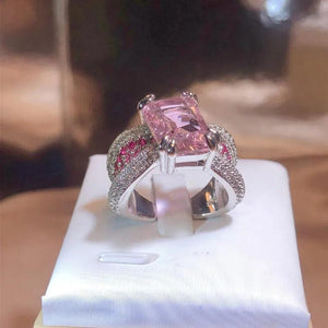 Baguette Pink Ruby Full Diamond Couple Ring Opening Adjustable