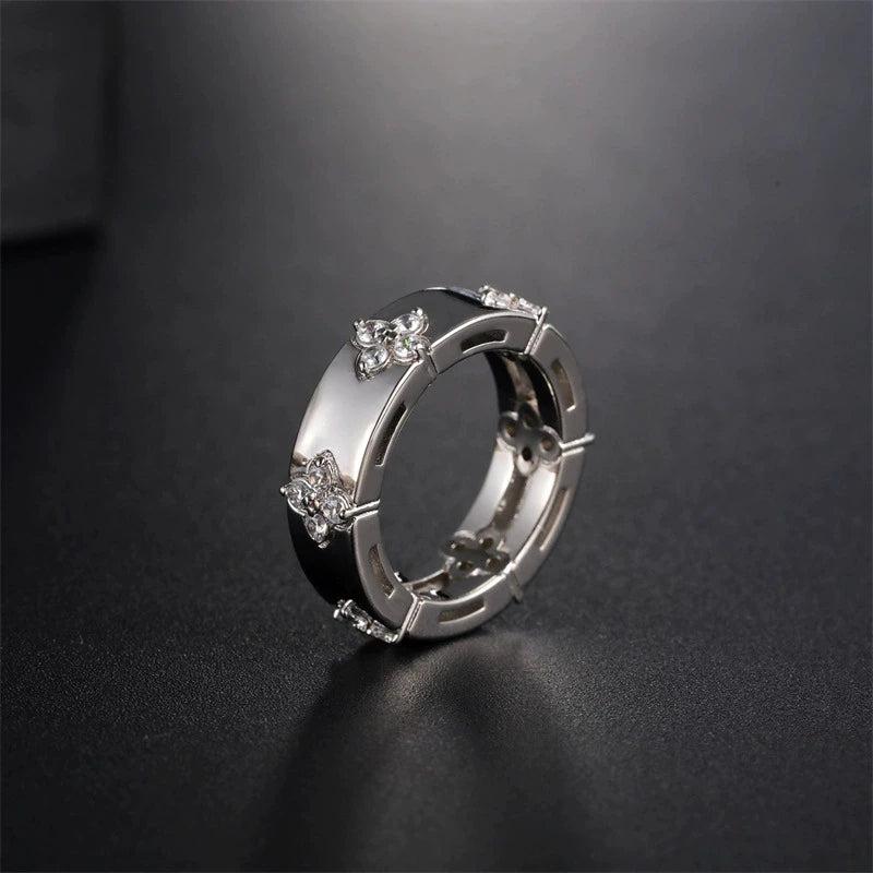 Crystal Flower Clover Charm Ring for Office Lady Party Jewelry Gift