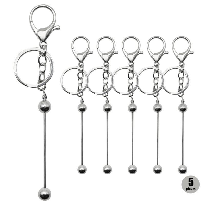 Silver Plated Lobster Clasp KeyRing Keychain Bar Beaded Key Holder