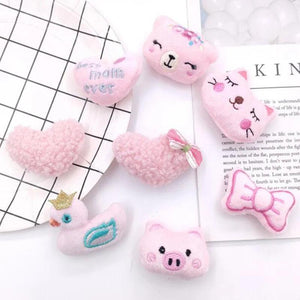 10Pcs Cartoon Pink Plush Doll Patches DIY Heart/Bow/Cat/Pig Accessories