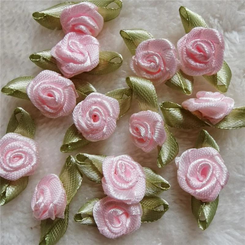 Mini Rose Flower Heads Satin Ribbon Appliques DIY Wedding Decor