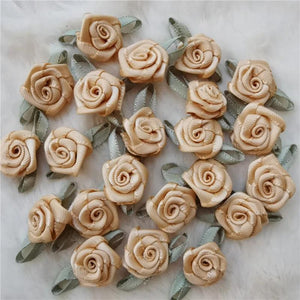 Mini Rose Flower Heads with Satin Ribbon Appliques for DIY Crafts