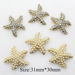 30mm 5Pcs/lot Starfish Pearl Crystal Rhinestone Metal Embellishment Buttons