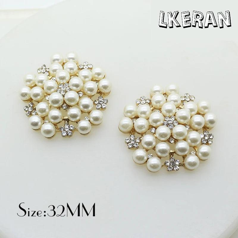 2PC 32mm Flower Pearl Bead Rhinestone Buttons DIY Jewelry Accessories