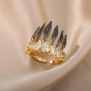 Gothic Feather Crown Zircon Open Finger Ring Halloween Christmas Jewelry