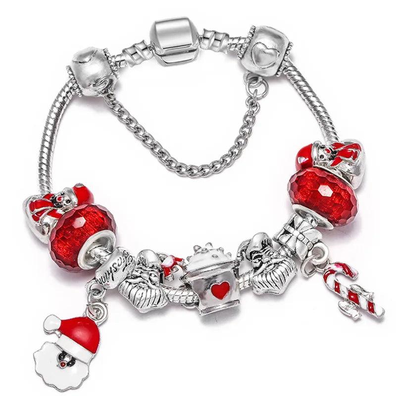 Snowman Charm Bracelet Red Crystal Beads Christmas Jewelry