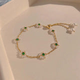 French Retro Green Crystal Pearl Flower Bracelet for Woman