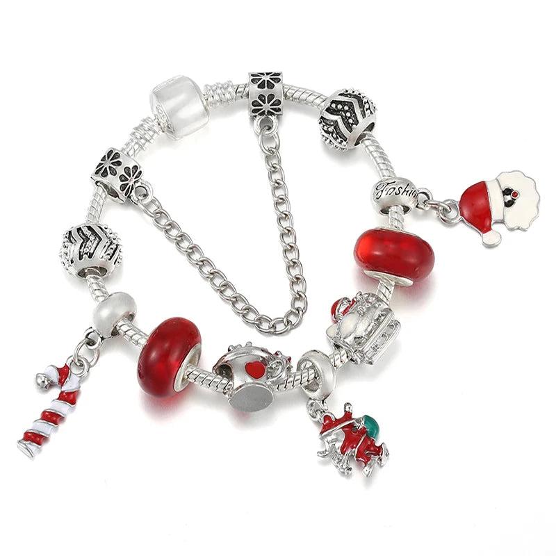 Red Santa Claus Charm Bracelet with Xmas Crutches Pendant