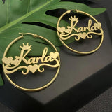 Heart Crown Earrings Custom Name Stainless Steel Hoops
