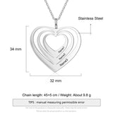 JewelOra Custom 3 Hearts Pendant Necklace Personalized Engraving Name