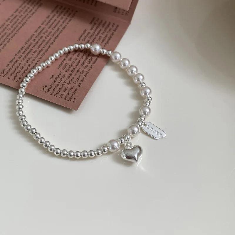 925 Silver Heart Pearl Bracelet for Women Bead Letter Lucky Versatile Gift
