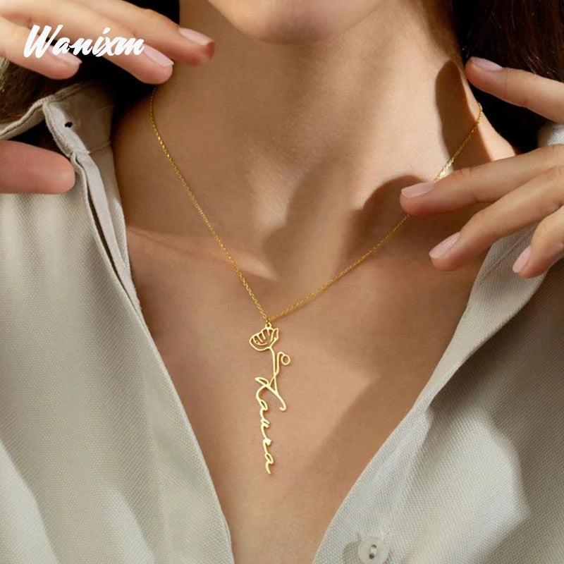 Personalized Birth Flower Name Necklace - Minimalist Jewelry
