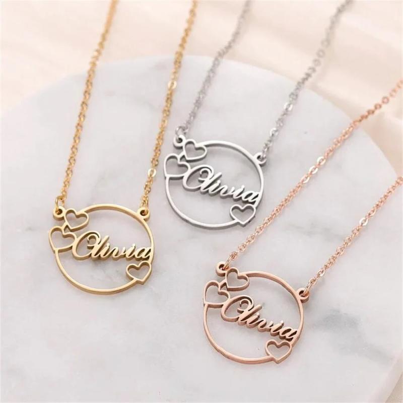 Customized Circle Name Necklace with Heart Geometric Jewelry