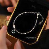 925 Silver Vintage Green Zircon Shell Pearl Bracelet Gift