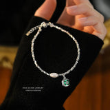 925 Silver Vintage Green Zircon Shell Pearl Bracelet Gift