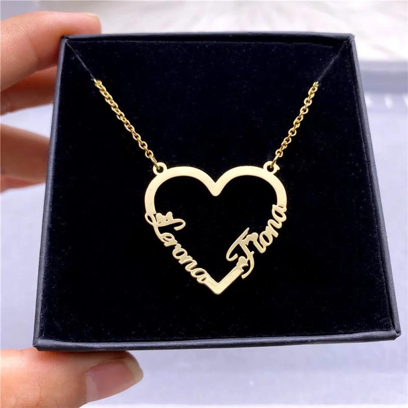 Custom Heart Shape Necklace with Two Name Personalized Stainless Steel Jewelry