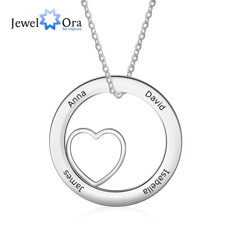 Custom Round Heart Necklace with 4 Names Engraved Circle Pendant