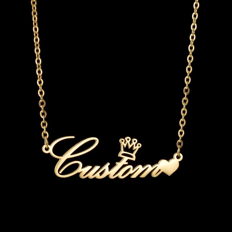 Akizoom Custom Name Necklace Stainless Steel Crown Choker Pendant
