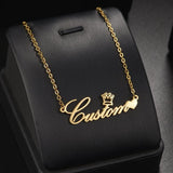 Akizoom Custom Name Necklace Stainless Steel Crown Choker Pendant